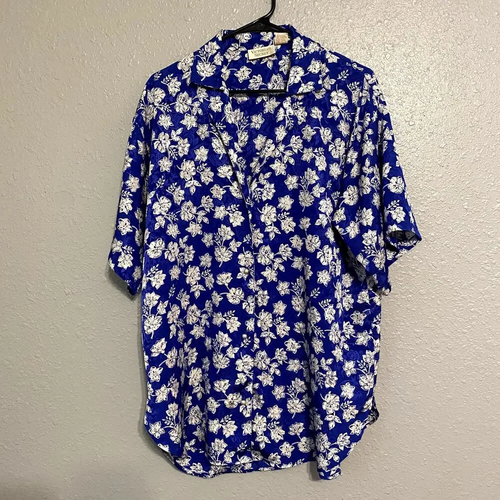Victoria Secret Small Womens Vintage Pajama Top Floral Blue White Pearl Button